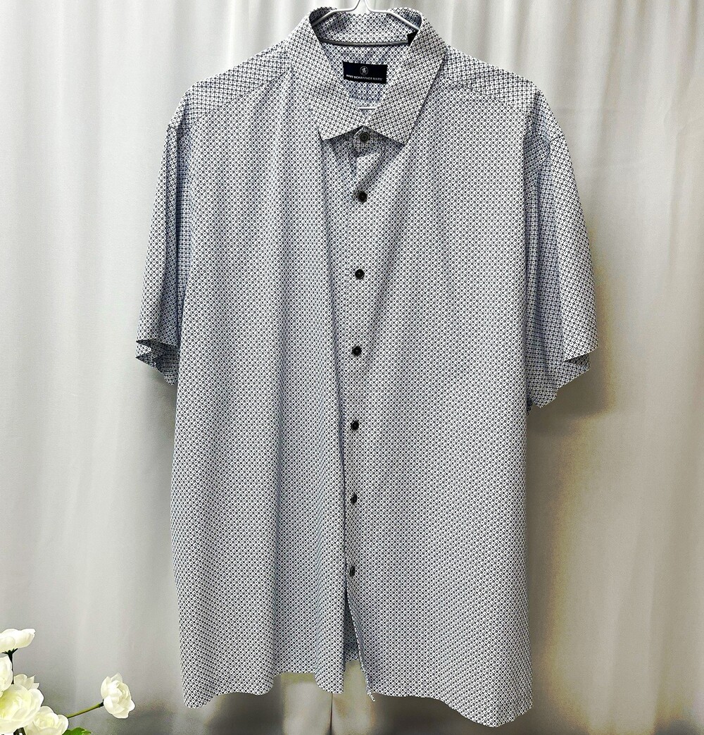Hart Schaffner Marx Mens XXL White Blue Geometric Short Sleeve Cotton Lyocell